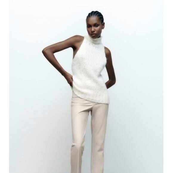 ZARA Faux Leather Super High Rise Slim Flare Pants Slit Size 2 34 Long Beige - Picture 13 of 14